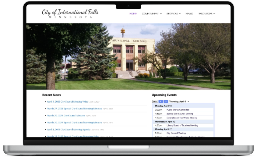 city of international falls home page from their website as seen on a laptop