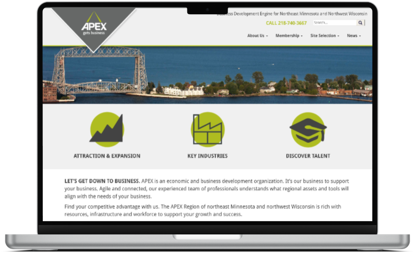 APEX Business home page as seen on a laptop