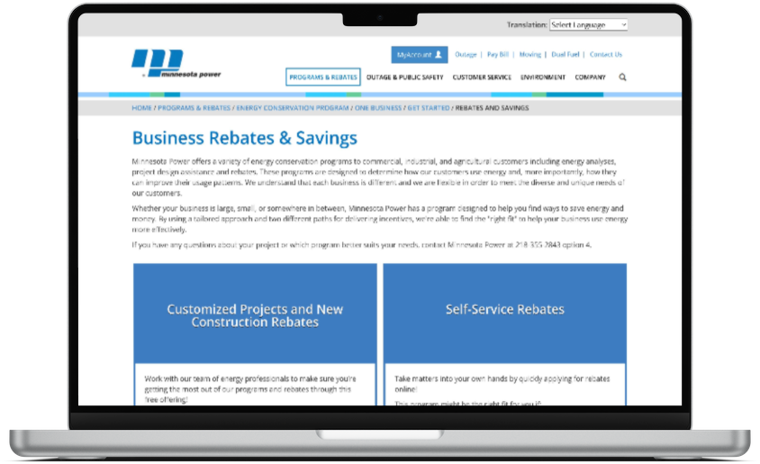 minnesota power business incentives page from their website as seen on a laptop